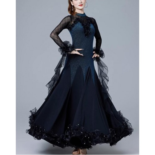 Women girls blue ballroom dance dresses flowy float sleeves waltz tango foxtrot smooth dance long swing gown for female